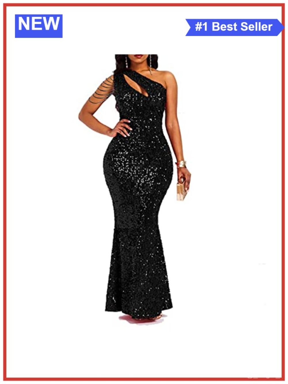 Sequin One Shoulder Tassel Mermaid Bodycon Maxi Dress with Sheer Chest Cutout